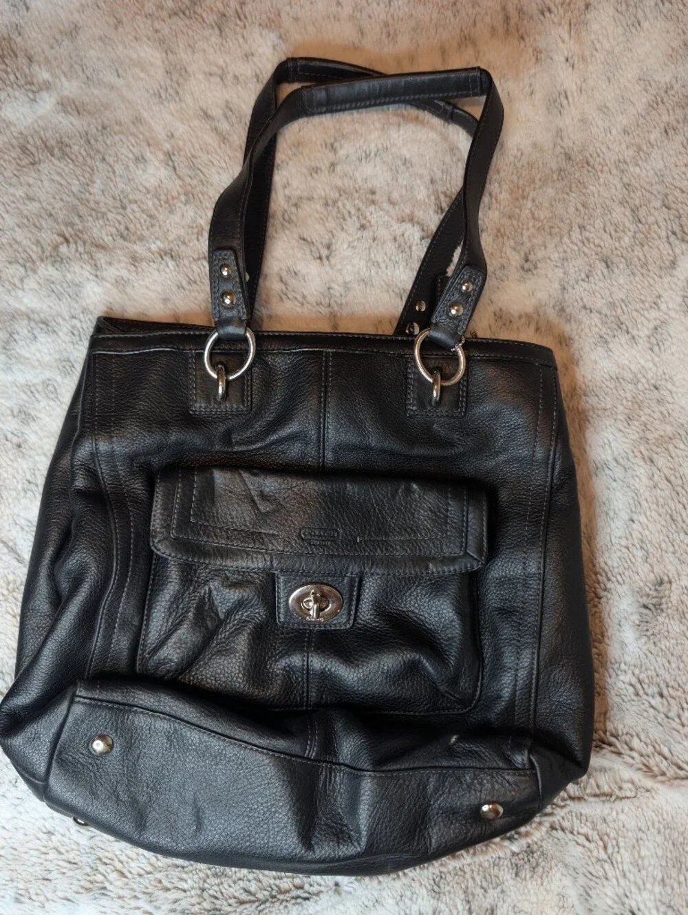 Coach Black Pebble Leather Turnlock Pocket Shoulder Bag Tote F19264